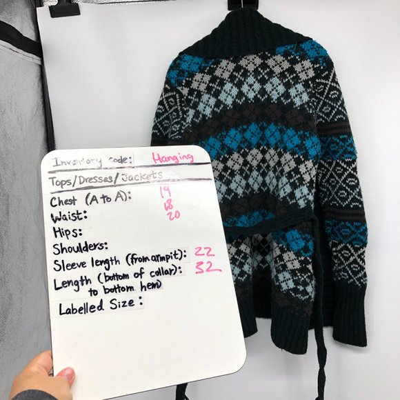 Peak Performance Blue Grey Multicolor Argyle Sweater Cardigan waist tie size M - Picture 15 of 16